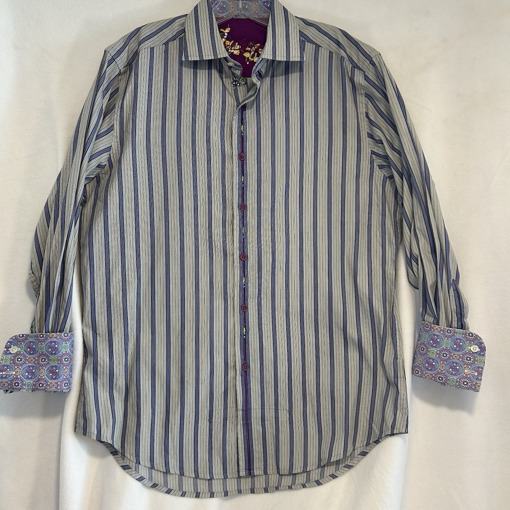 Robert Graham Men's Button Up Shirt Medium Blue Stripe/Floral Flip-Cuff EUC